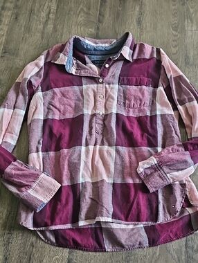 Tommy Hilfiger Plaid Shirt Pink Burgundy Flannel 1/2 Button-Front Large
